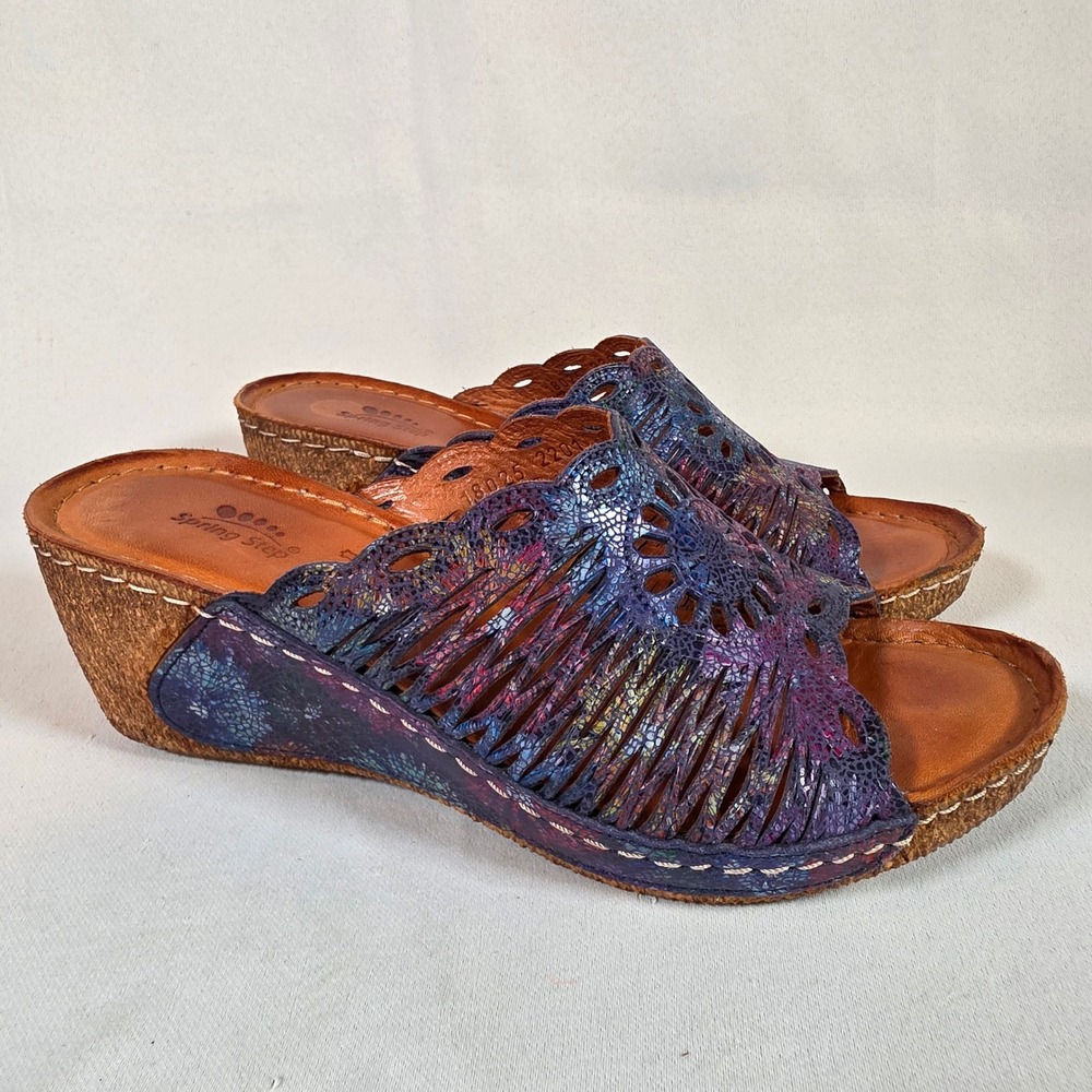Spring Step Purple Iridescent Leather Womens 38 Wedge Slide Sandals Laser Cut